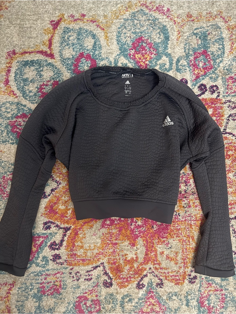 Adidas Aktiv Cropped Sweatshirt Textured Black Crewneck Running Pullover Large